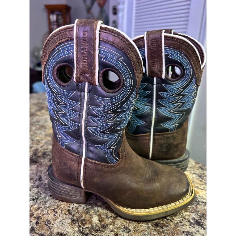 Durango Kids 8 Inch Western Boots Brown Denim Blue DBT0218C Size 9M